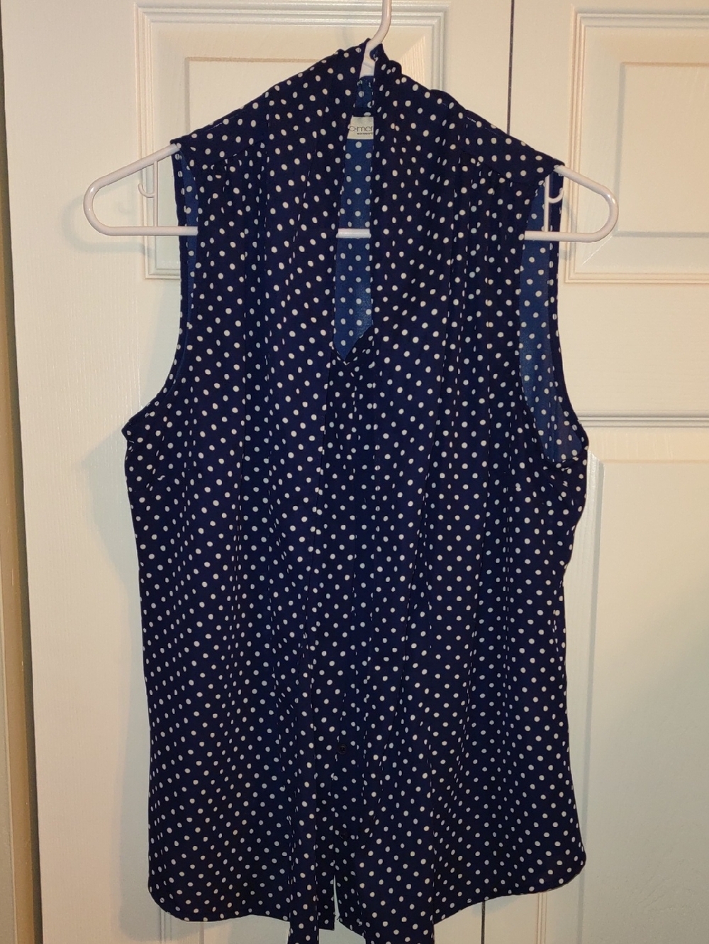 eva mendes for New York & Company Navy Polka Dot Sleeveless V-Neck Blouse